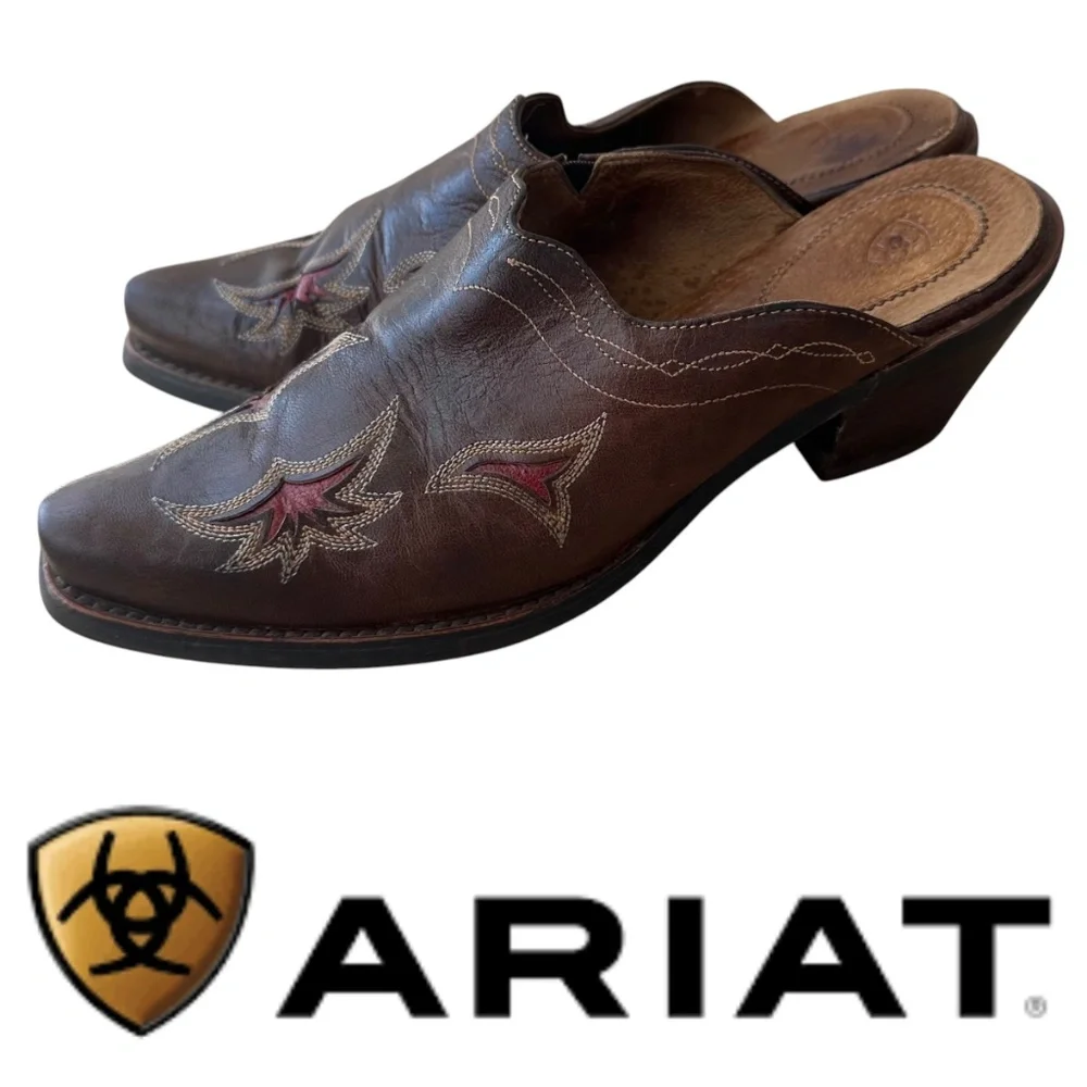 Ariat Manzanita Clogs Mules Shoes Sz 7.5 Western Cowgirl Slip On Brown Leather - Picture 3 of 9
